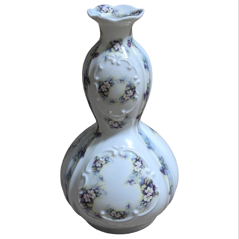 Vintage Omega Porcelain Double Gourd Vase Victorian Flowers Grapes Raised Design